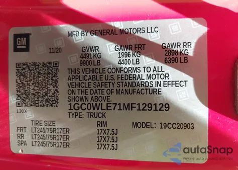 2021 Chevrolet Silverado 2500Hd 2Wd Long Bed Wt из США, поврежденный, VIN 1GC0WLE71MF129129